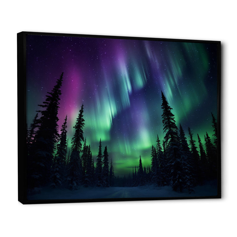 «Scenic Landscape Dancing Northern Ligths I», reproduction d'art sur toile, H 30 po x l 40 po x P 1,5 po, Cadre flottant noir