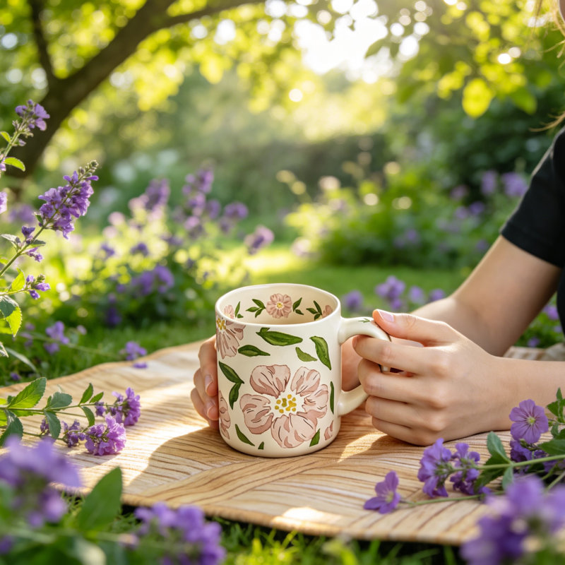 Tasse à café 16 oz en céramique rétro, tasse à thé peinte à la main sans plomb avec poignée confortable, lavable au micro-ondes et au lave-vaisselle (rosé floral)