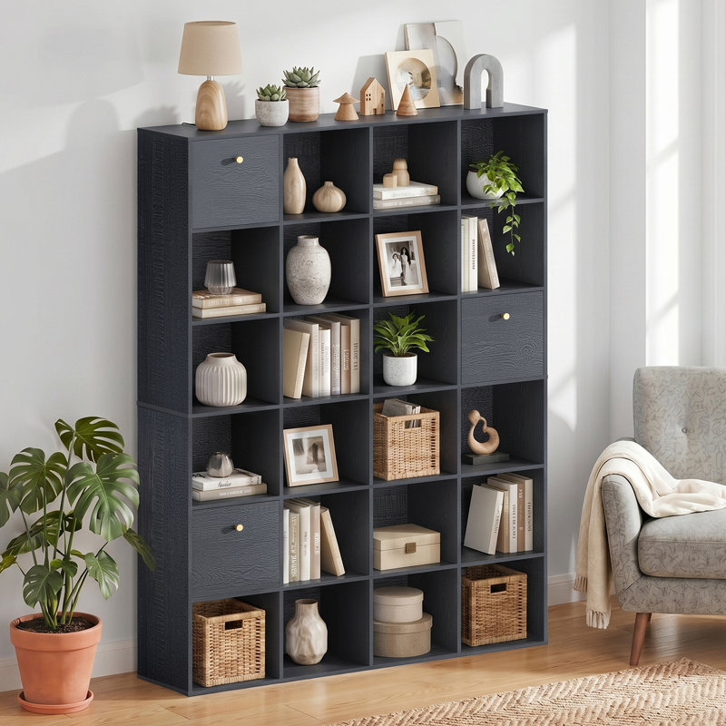 Tablette de rangement 70 x 70 pouces avec 24 cubes et 3 tiroirs en tissu, bibliothèque en bois rustique noir et vitrine pour bureau, chambre à coucher, salon et bureau, individuel