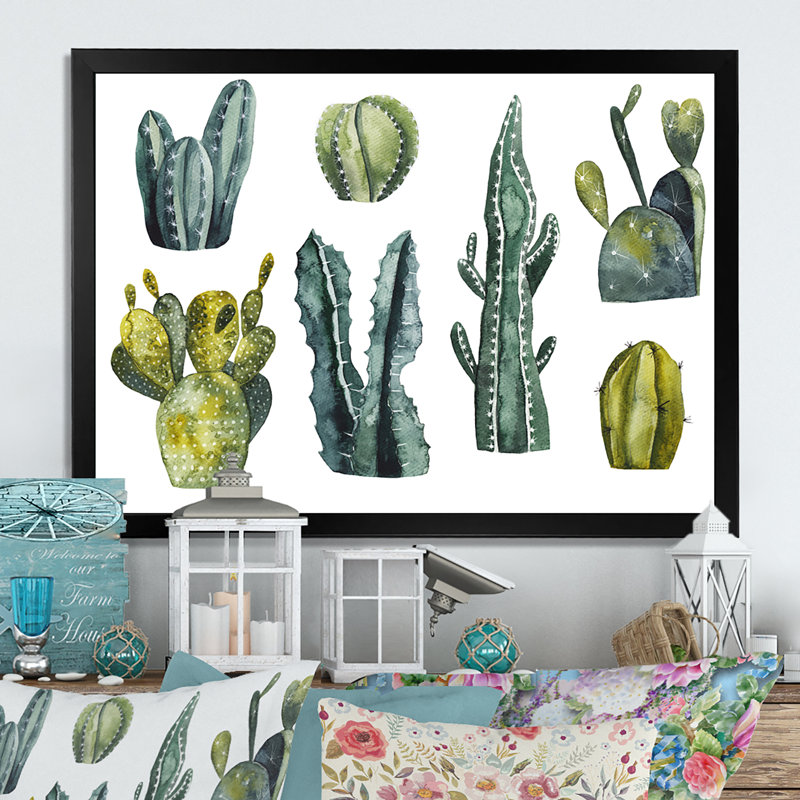 " Set Of Cactus On White ", Black Picture Frame, 8" H x 12" W x 1" D
