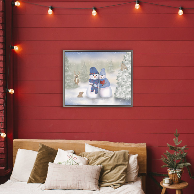 Cadre flottant Snow In Love Snowman Couple, design par Lynn Kellan, H 17 po x l 21 po, Cadre flottant gris lustré