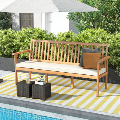Outdoor 3-seat Wood Bench 64 Inches Extra Long Acacia Chair With Seat Cushion