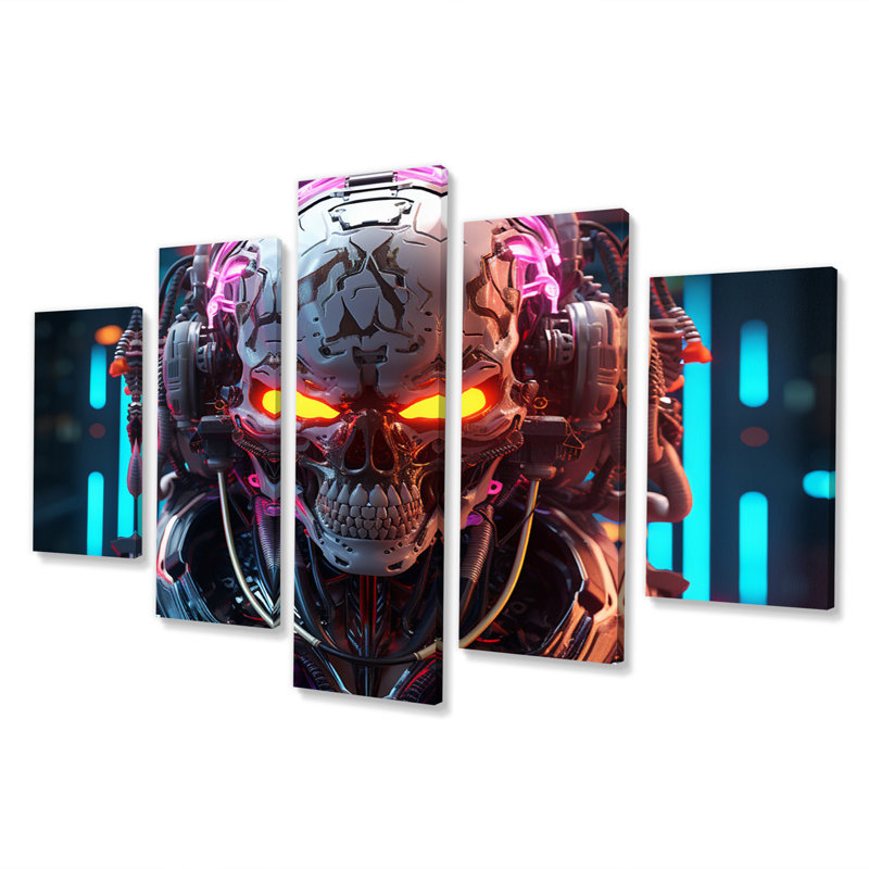 Sci-Fi Retro Futuristic Robot In Neon I - Fantasy & Sci-Fi Canvas Print - 5 Panels