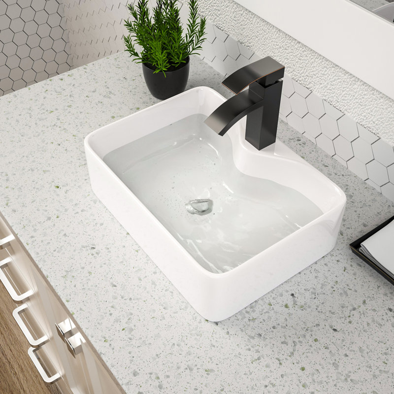 Bathroom Vessel Sink Rectangular Above Counter White Ceramic Vessel Sink with Faucet Hole, 19'' L X 15'' W X 5.5'' H