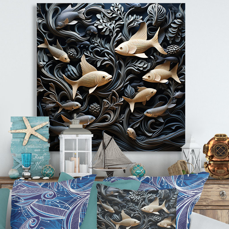 Poisson dans la mer, collage en noir sur toile, Toile tendue, H 16 po x l 16 po x P 1 po