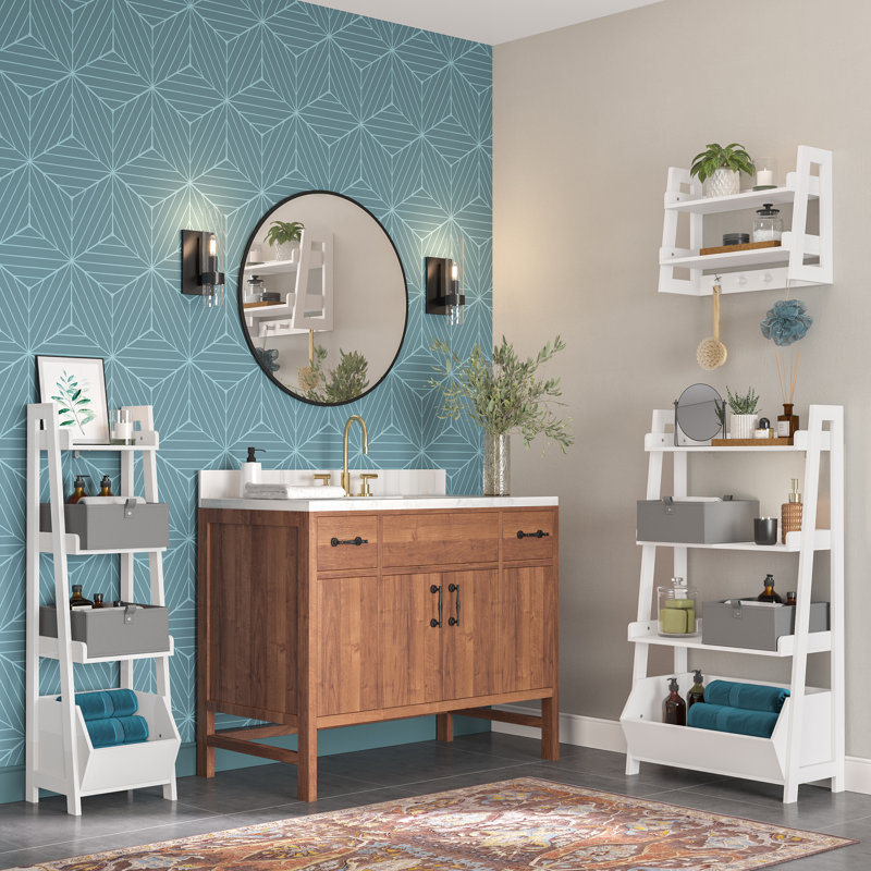 RiverRidge Amery 4-Tier 24in Ladder Shelf with Display Shelf and Storage Organizer Bin - White with 2 10" Floating Bookshelves