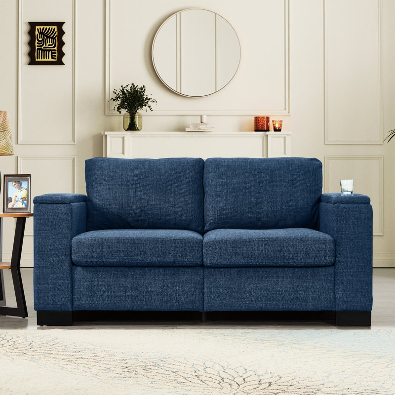 Salon bleu rembourré de 67,7 po avec porte-gobelet et rangement, support de rangement confortable avec coussins à ressorts hélicoïdaux, pieds en bois massif