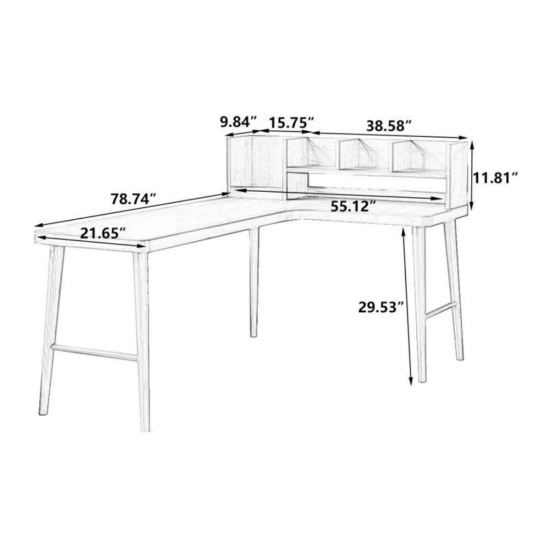 Bureau de coin en L en bois massif et table intégrée avec bibliothèque, H 29,53 po x l 78,74 po x P 55,12 po, Retour à droite