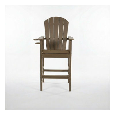 Antique Brown HDPE Bar Height Adirondack Chair with Cup Holder - All-Weather Outdoor Patio Bar Stool for Deck, Porch & Backyard