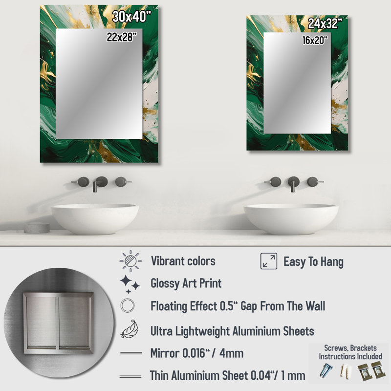 Green and Gold Serene Cascade II - Abstract Decorative Mirror On Metal, 40 po x 30 po