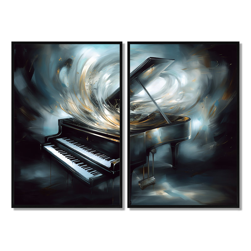 Piano abstrait I - musique surdimensionnée, art mural 2 panneaux, Impression encadrée flottante, Noir, noir, noir, noir