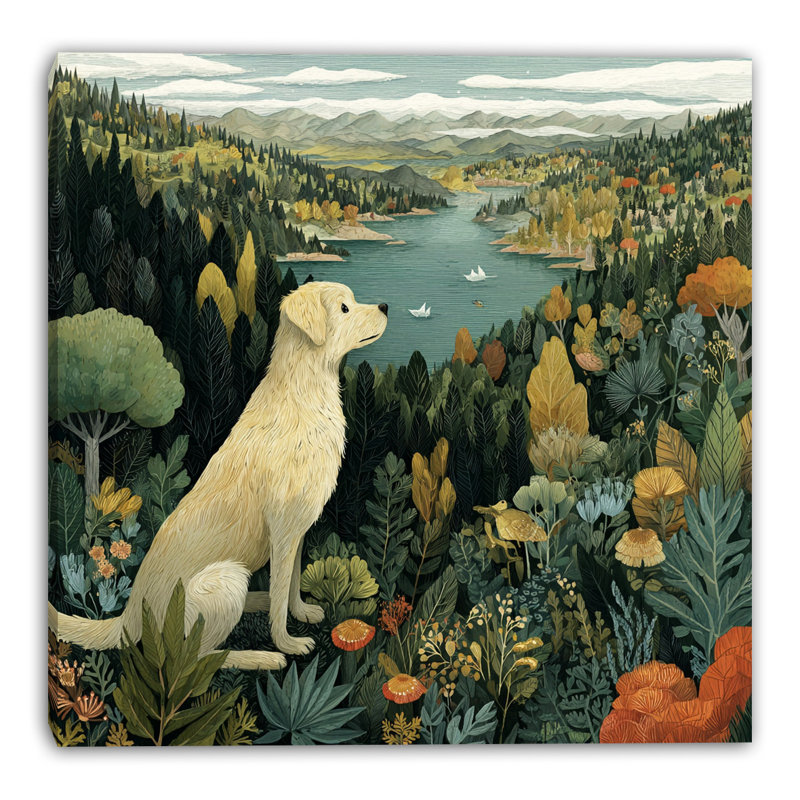«Golden Dog Forest View», art mural sur toile tendue, L 40 po x H 40 po x P 1,5 po