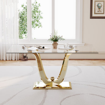 70" Tempered Glass Dining Table, Modern Glass Kitchen Table Dining with Tempered Glass Tabletop and Unique Stainless Steel Pedestal, Modern Kitchen Dining Room Table for 8