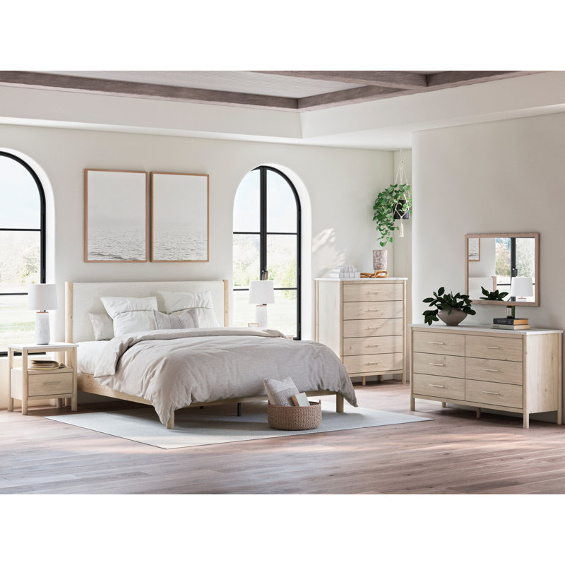 Très grand lit à panneau tapissier Ciaran, Beige / Blanc, Très grand lit