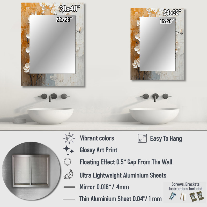 Blanc blanc, fleurs de cerisier en fleurs botaniques I - grand miroir mural, fleur de cerisier, 32 po x 24 po