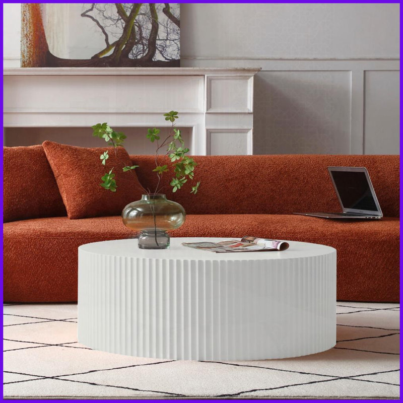 Table basse ronde contemporaine blanche - Panneau de fibres à densité moyenne en relief fabriqué à la main 35,43 pouces