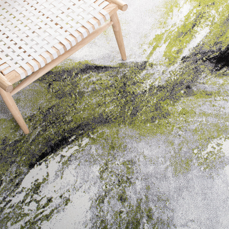 Tapis abstrait gris / vert Rizer, Tapis de couloir 2 pi 3 po x 6 pi