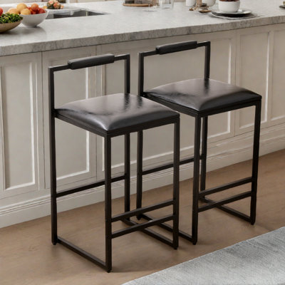Upholstered Bar Stools Set Of 2 With  Backrest And Footrest, Pu Leather And Metal Frame