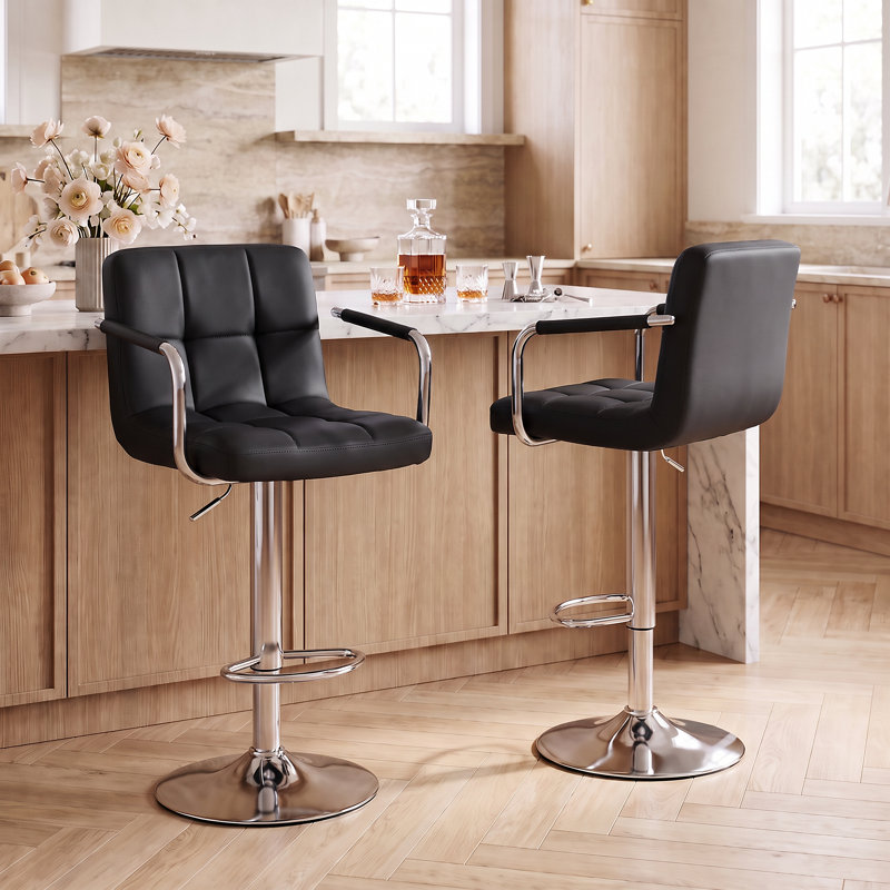 Industrial Swivel Bar Stools with Armrests, Ergonomic PU Leather Counter Stool for Kitchen Island & Home Bar, Black, 2