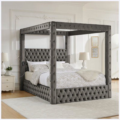 Queen Velvet Canopy Bed with Bluetooth Speakers & USB Ports, Gray