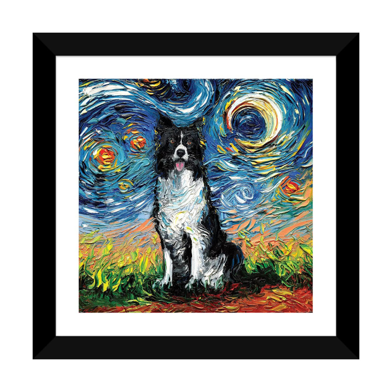Reproduction d’art « Border Collie Night II » par aja Trèves, Papier encadré noir, Blanc, H 16 po x l 16 po x p 1 po