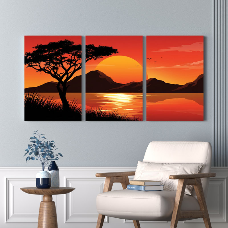 Ensemble de 3 toiles murales représentant un coucher de soleil africain, 2436