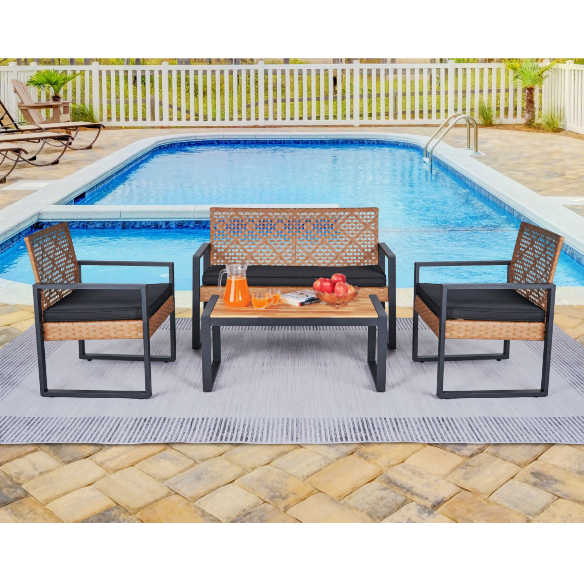 4-Piece Patio Furniture Set Outdoor Balcony Porch Garden Backyard Lawn Furniture Acacia Wood Table Top Bayou Breeze Cushion Color: Black, Frame Color/, image size:2000x2000