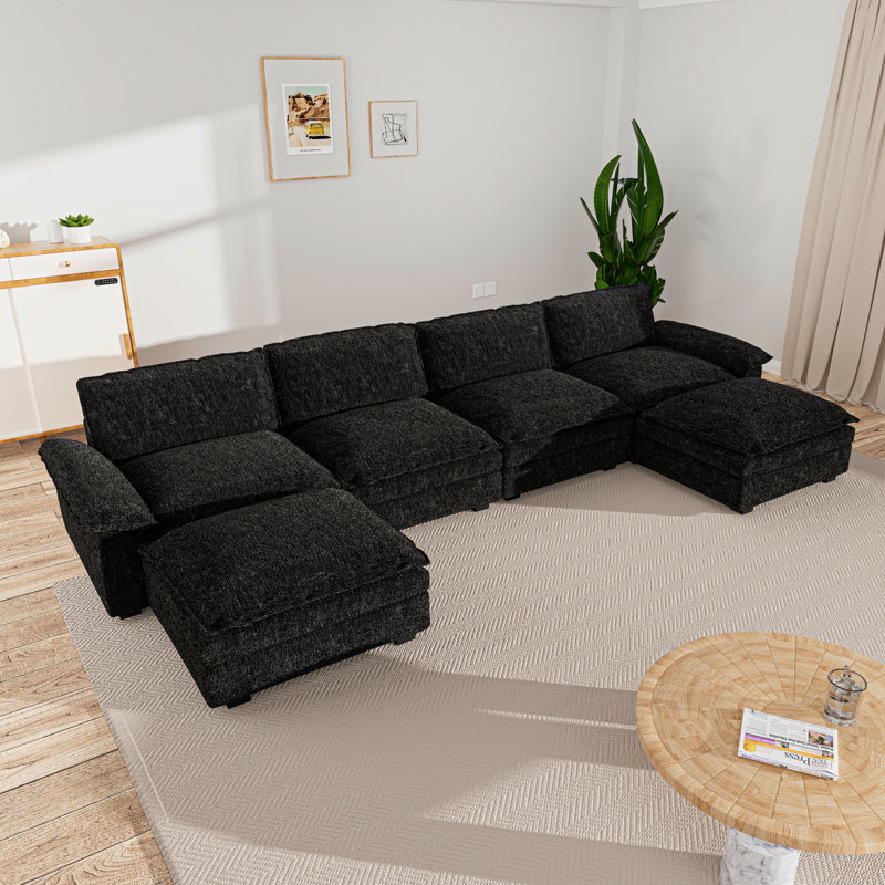 Canapé modulaire en U en 4 chenilles avec méridienne et canapé, Chenille noir