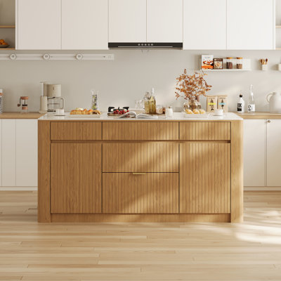 Mid-Century 72" Kitchen Island,Kitchen Island with Seating and Sintered Stone Top,FSC Certified