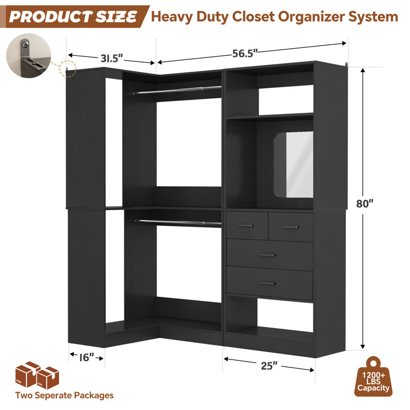 Freestanding Closet System with Drawers and Mirror, Black