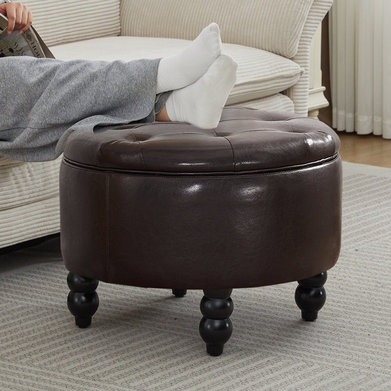 Repose-pieds rond avec rangement de 24 po de largeur, Simili cuir brun foncé
