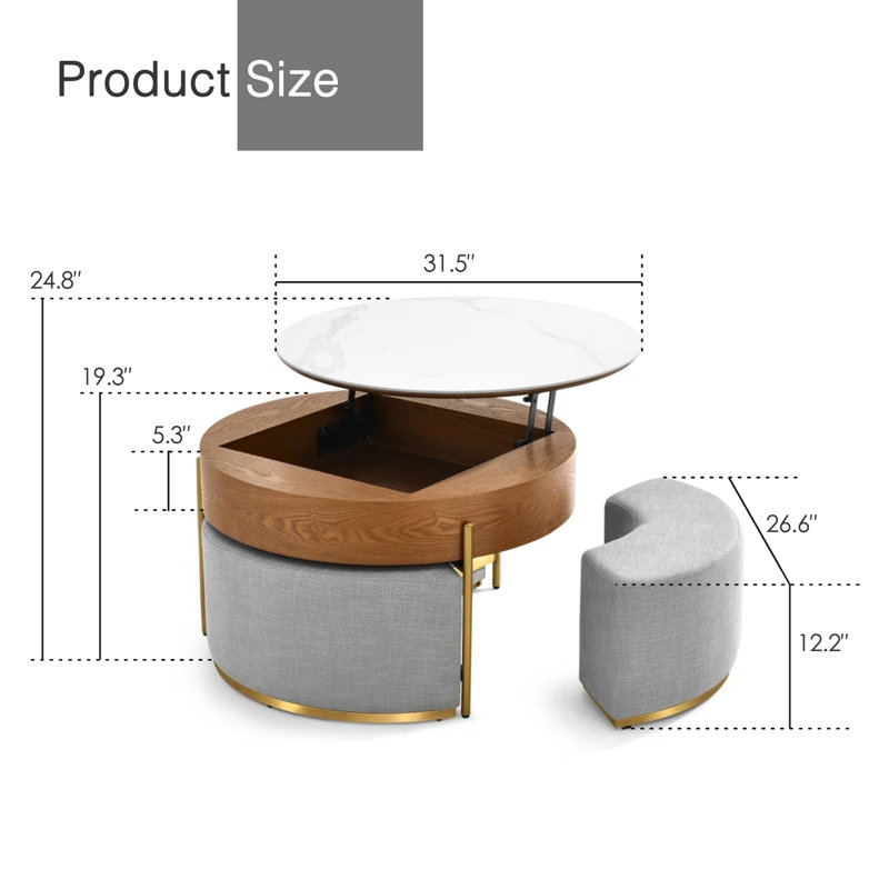 Modern Round Faux Marble Lift-Top Coffee Table Set with Stools and Storage