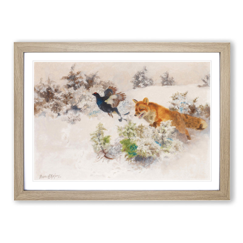 Fox Chasing Bird by Bruno Liljefors - Picture Frame Painting, 48cm H x 65cm W x 2cm D, Oak Framed