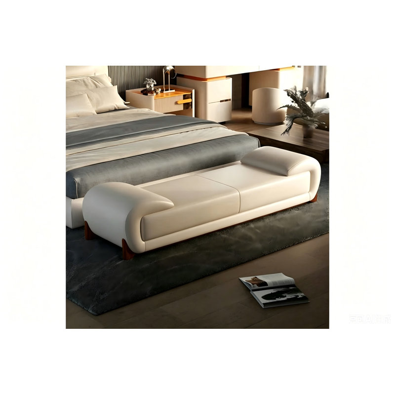 Banc rembourré en cuir véritable Sharella, H 17,71 po x l 70,86 po x P 19,68 po, Blanc cassé