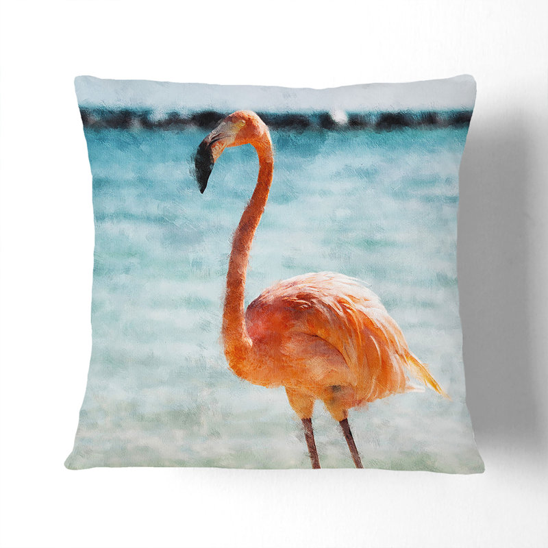 Lone Flamingo Painting Cushion with Filling, 40cm H x 40cm W x 15cm D