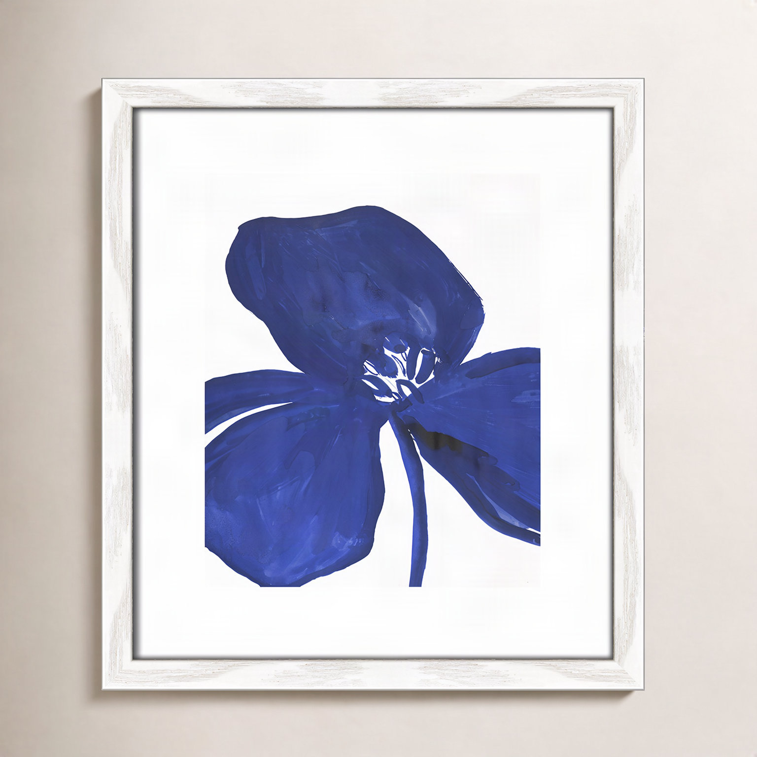 Clarisse "Indigo Petal II" Painting, 15" H x 13" W x 0.75" D, White Framed Paper
