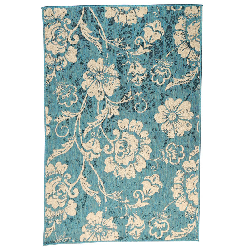 Tapis bleu/beige à motif de feuilles Derlyum, Rectangle 3 pi 3 po x 5 pi