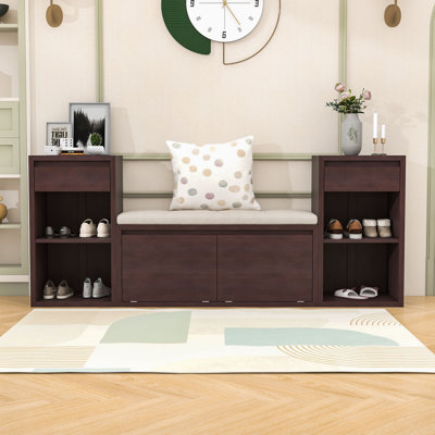 Entryway Storage Bench with Cushioned Seat, 2 Flip-Down Compartments, 2 Drawers and Adjustable Shelves
