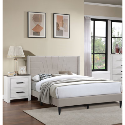 Lit plateforme moderne, grand lit avec tête de lit contemporaine en tissu et toile de jute brune