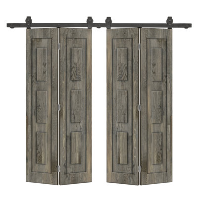 3 Panel Shaker Pine Wood Double Bi-Fold Door with Sliding Barn Door Hardware Kit