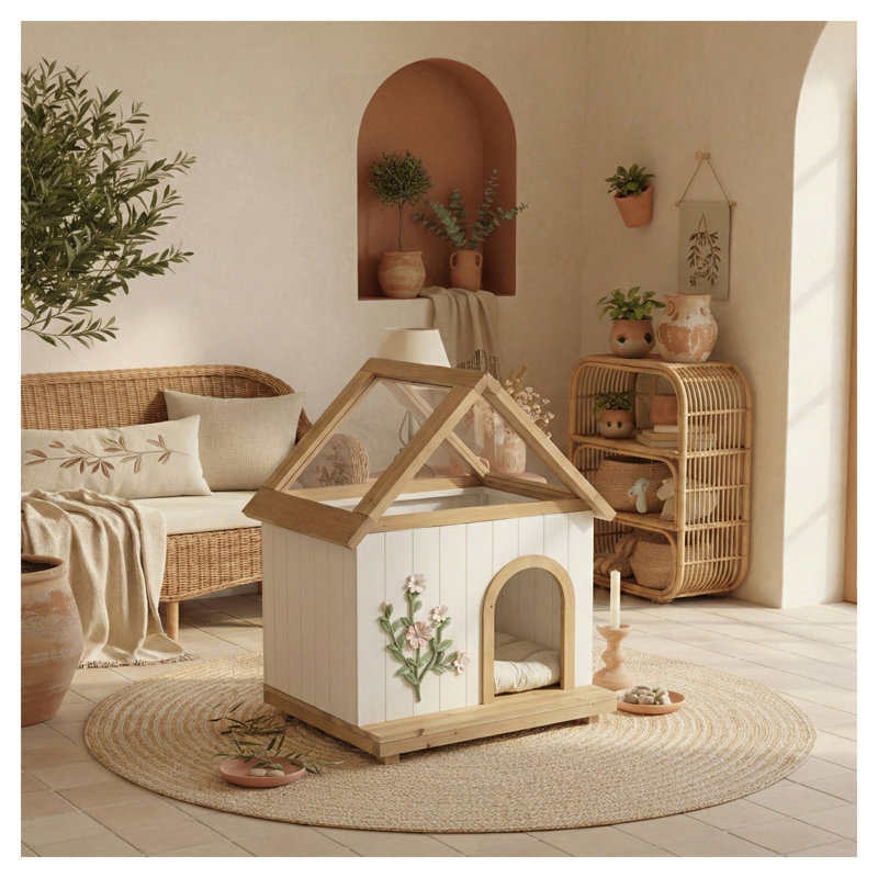Maison pour animaux d'intérieur en cèdre pour l'extérieur avec toit ouvrant en acrylique et panneau floral sculpté