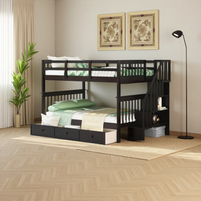 Lit superposé en escalier avec tiroir, rangement et garde-corps pour chambre à coucher