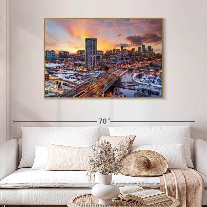 Denver Winter Sunset, Floating Frame Natural Wood, 46" X 31"