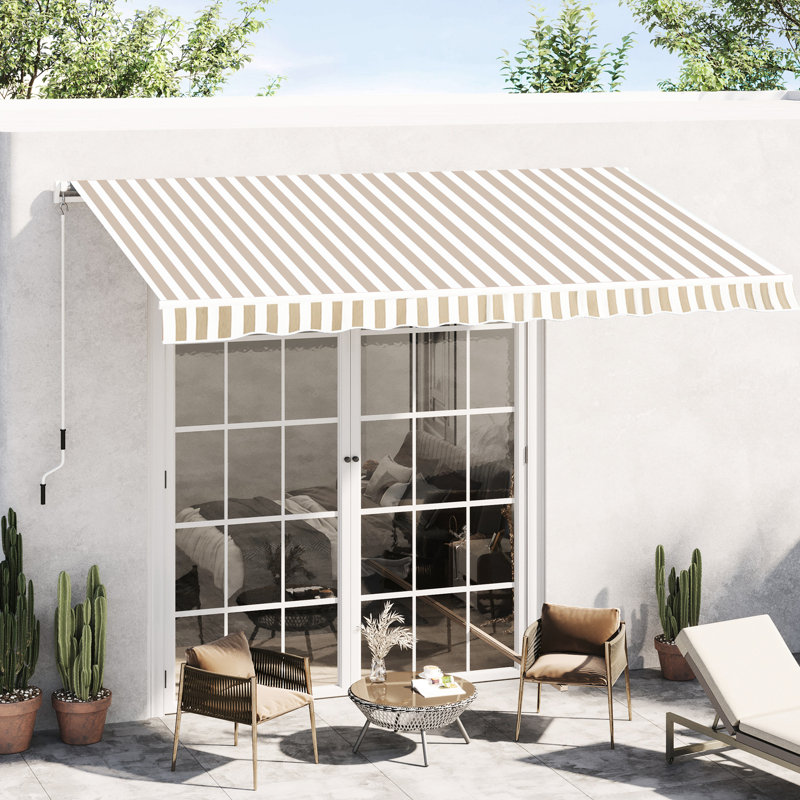 Auvent de patio rétractable 12 pi x 10 pi - Pare-soleil et eau, manivelle manuelle, tissu 280G / m², cadre en aluminium, pour cour, beige protégé, actionné, terrasse