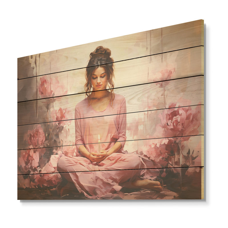 «Pink Yoga Mediation» - art mural panneau de bois de yoga sur bois de pin naturel, H 30 po x l 40 po