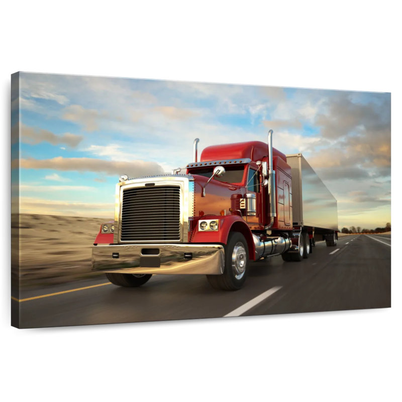 Camion de cargaison rouge Mehar au coucher du soleil, H 8 po x l 12 po