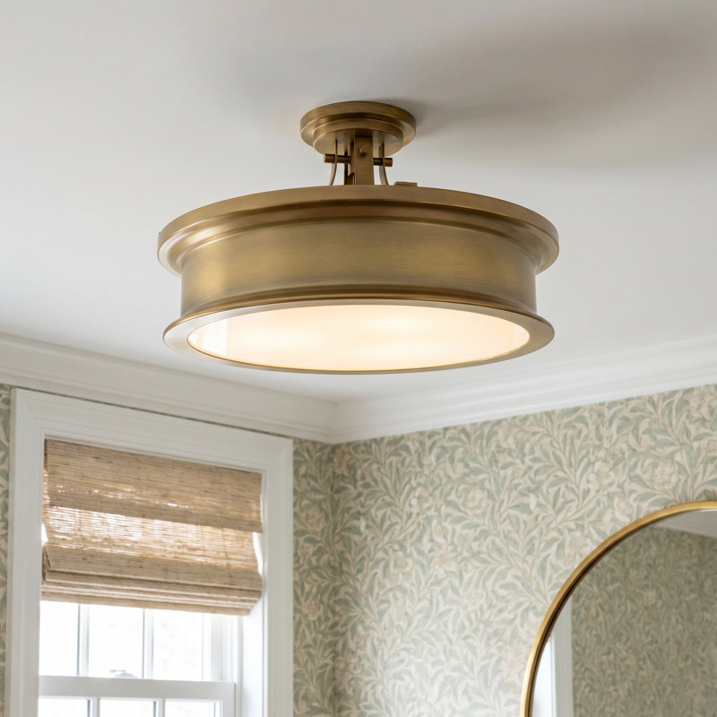 Rosanne 16" W 3-Light Steel Drum Semi-Flush Mount, Brass