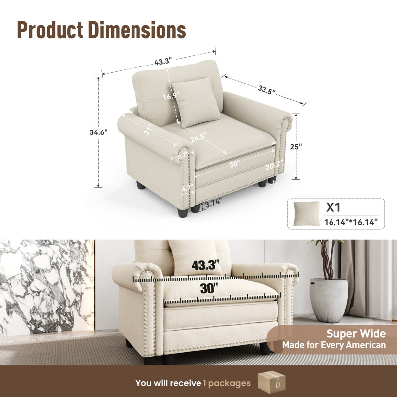Fauteuil d'appoint à siège profond avec garniture cloutée et coussin décoratif, Beige Chenille