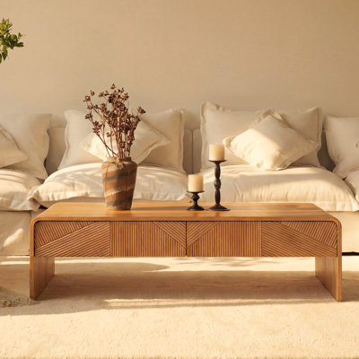 VISTA 55" White Oak Coffee Table with Sculpted Slat Detailing & Chevron Front – Natural