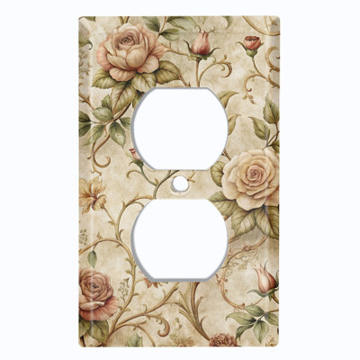 Metal Light Switch Plate Cover; US Standard Size 1 Gang Duplex - Vintage Rose Vine Pattern